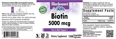 Photo of the Bluebonnet Biotin 5000 mcg label