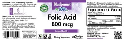 Photo of the Bluebonnet Folic Acid 800 mcg label