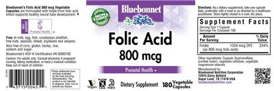 Photo of the Bluebonnet Folic Acid 800 mcg label