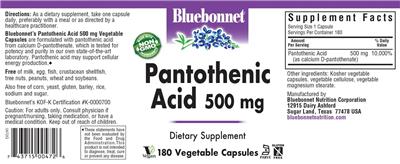Photo of the Bluebonnet Pantothenic Acid 500 mg label