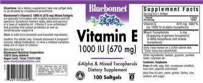 Photo of the Bluebonnet Vitamin E 1000 IU (670 mg) label