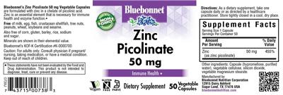 Photo of the Bluebonnet Zinc Picolinate 50 mg label
