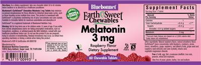 Photo of the Bluebonnet EarthSweet Chewables Melatonin 3 mg Raspberry Flavor label