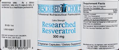 Photo of the Prescribed Choice Extra Strength Researched Resveratrol 300 mg label