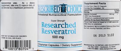Photo of the Prescribed Choice Super Strength Researched Resveratrol 500 mg label