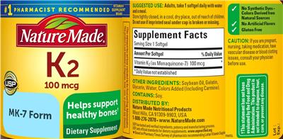 Photo of the Nature Made K2 100 mcg label