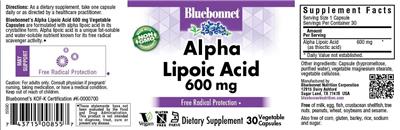 Photo of the Bluebonnet Alpha Lipoic Acid 600 mg label