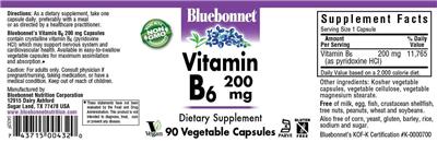 Photo of the Bluebonnet Vitamin B6 200 mg label