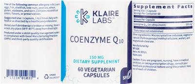 Photo of the Klaire Labs Coenzyme Q10 150 mg label