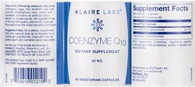 Photo of the Klaire Labs Coenzyme Q10 60 mg label