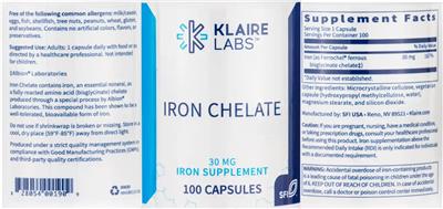 Photo of the Klaire Labs Iron Chelate 30 mg label