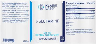 Photo of the Klaire Labs L-Glutamine 500 mg label