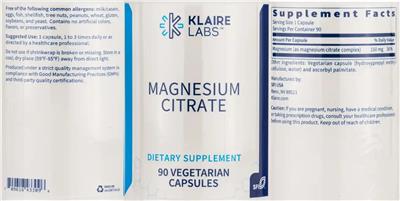 Photo of the Klaire Labs Magnesium Citrate label