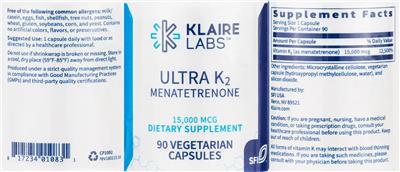 Photo of the Klaire Labs Ultra K2 Menatetrenone 15,000 mcg label