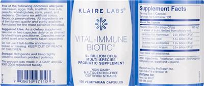 Photo of the Klaire Labs Vital-Immune Biotic label