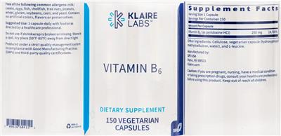 Photo of the Klaire Labs Vitamin B6 label