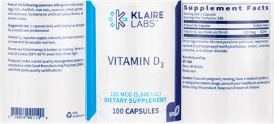 Photo of the Klaire Labs Vitamin D3 125 mcg (5,000 IU) label