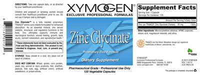 Photo of the XYMOGEN Zinc Glycinate label