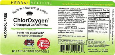 Photo of the Herbs, Etc. ChlorOxygen Chlorophyll Concentrate Softgels label