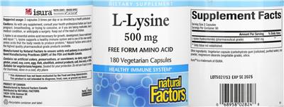 Photo of the Natural Factors L-Lysine 500 mg label