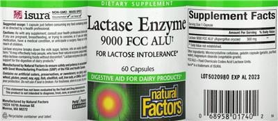 Photo of the Natural Factors Lactase Enzyme 9000 FCC ALU label