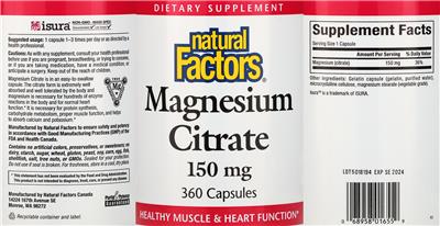Photo of the Natural Factors Magnesium Citrate 150 mg label