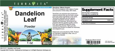Photo of the TerraVita Premium Collection Dandelion Leaf Powder label