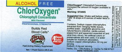 Photo of the Herbs, Etc. ChlorOxygen Chlorophyll Concentrate Alcohol Free Mint Flavored label