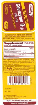Photo of the Rugby Natural Coenzyme Q10 100 mg label
