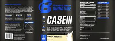 Photo of the Bodybuilding.com Signature Casein Vanilla Milkshake label