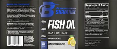 Photo of the Bodybuilding.com Signature Fish Oil Lemon Flavored Oil label