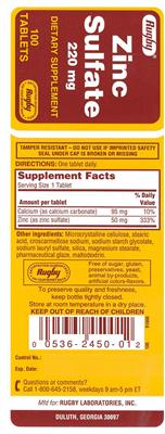 Product label for Zinc Sulfate 220 mg