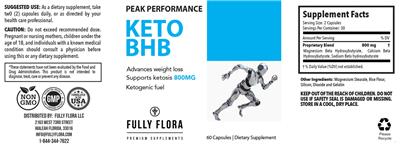 Photo of the Fully Flora Peak Performance Keto BHB 800 mg label
