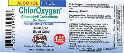 Photo of the Herbs, Etc. ChlorOxygen Chlorophyll Concentrate Alcohol Free Mint Flavored label