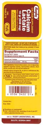 Photo of the Rugby Calcium Lactate 10 Grams (648 mg) label