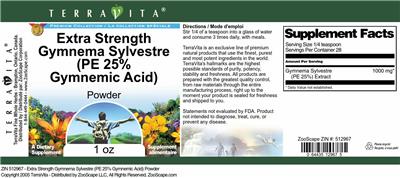 Photo of the TerraVita Premium Collection Extra Strength Gymnema Sylvestre (PE 25% Gymnemic Acid) Powder label