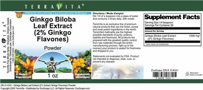 Photo of the TerraVita Premium Collection Ginkgo Biloba Leaf Extract (2% Ginkgo Flavones) Powder label