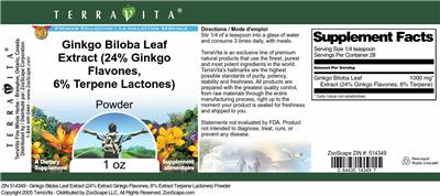 Photo of the TerraVita Premium Collection Ginkgo Biloba Leaf Extract (24% Ginkgo Flavones, 6% Terpene Lactones) Powder label