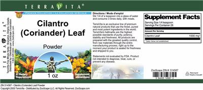Photo of the TerraVita Premium Collection Cilantro (Coriander) Leaf Powder label
