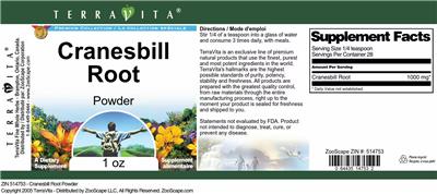 Photo of the TerraVita Premium Collection Cranesbill Root Powder label