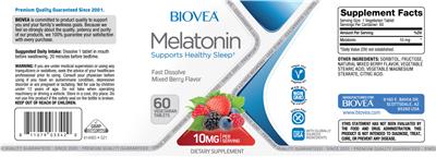 Photo of the BIOVEA Melatonin 10 mg Mixed Berry Flavor label