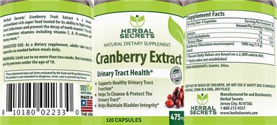 Photo of the Herbal Secrets Cranberry Extract 475 mg label