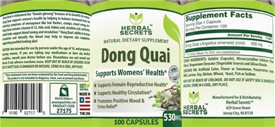Photo of the Herbal Secrets Dong Quai 530 mg label