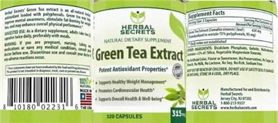 Photo of the Herbal Secrets Green Tea Extract 315 mg label