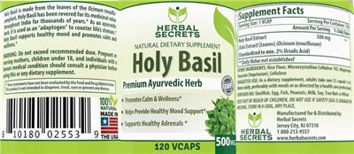 Photo of the Herbal Secrets Holy Basil 500 mg label