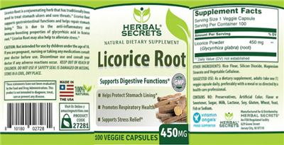 Photo of the Herbal Secrets Licorice Root 450 mg label