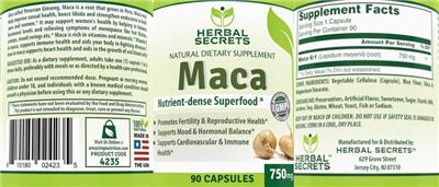Photo of the Herbal Secrets Maca 750 mg label