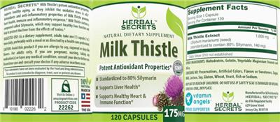 Photo of the Herbal Secrets Milk Thistle 175 mg label