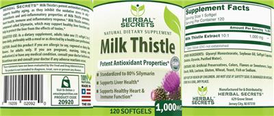 Photo of the Herbal Secrets Milk Thistle 1,000 mg label