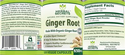 Photo of the Herbal Secrets Ginger Root 650 mg label